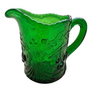 L.G. WRIGHT Opalescent Vaseline Uranium Glass Wreathed Cherry Creamer Pitcher